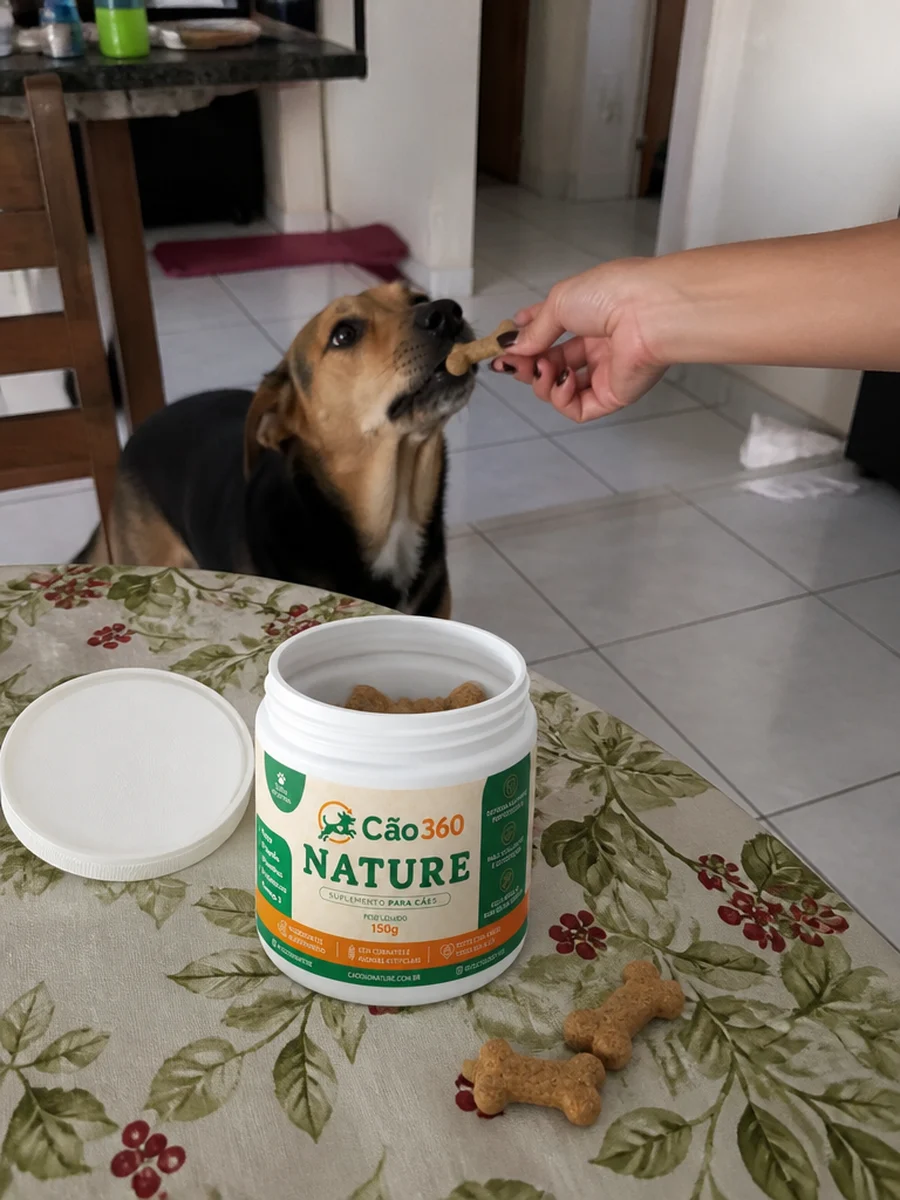 Tutora dando o biscoito do Cão360 Nature ao cão, com o pote aberto na mesa