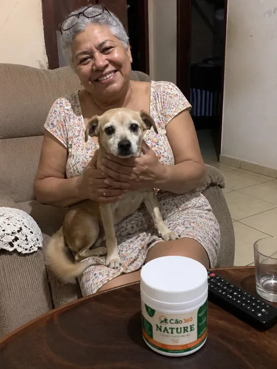 Foto da Neide com a Princesa e o pote do Cão360 Nature