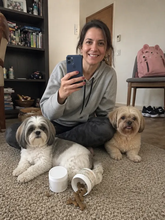 Foto da Renata com a Luna e o Thor